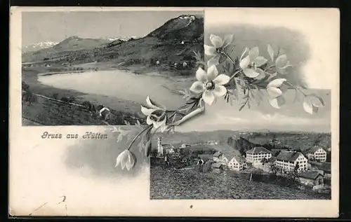AK Hütten, Teilansicht, Panorama mit See