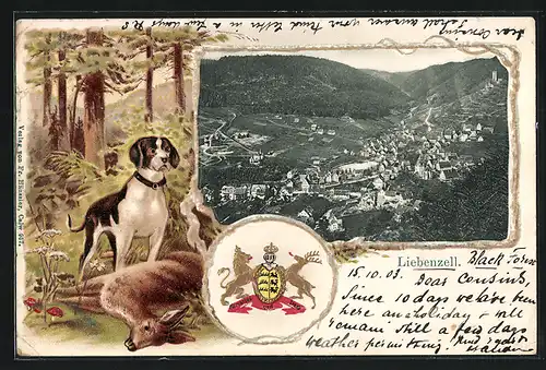 Passepartout-Lithographie Liebenzell, Gesamtansicht, Jagdhund vor erlegtem Reh, Wappen Württembergs