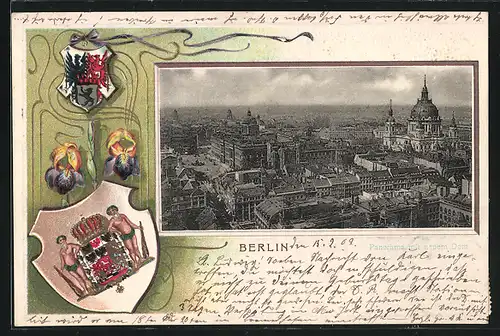 Passepartout-Lithographie Berlin, Panorama mit neuem Dom und Wappen