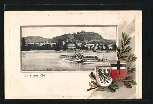Passepartout-Lithographie Linz am Rhein, Ortsansicht mit Rheindampfer, Wappen