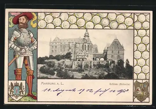 Passepartout-Lithographie Marburg a.d.L., Schloss, Wappen, Butzenglas