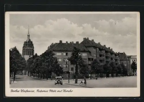 AK Berlin-Weissensee, Pistorius-Platz mit Kirche