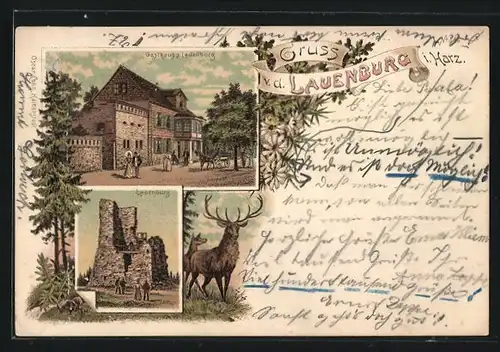 Lithographie Lauenburg i. Harz, Gasthaus zu Lauenburg, Ruine der Lauenburg