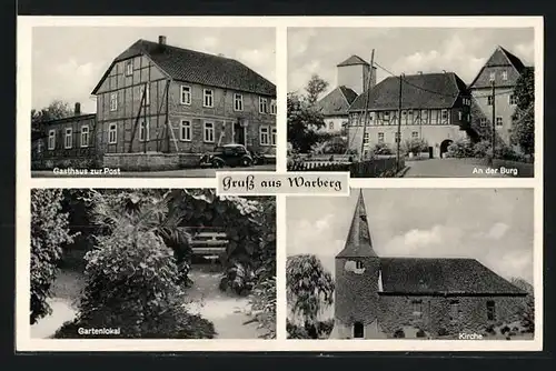 AK Warberg, Gasthaus zur Post, An der Burg, Gartenlokal, Kirche