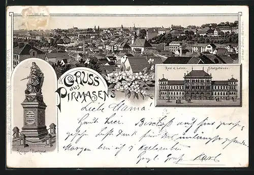 Vorläufer-Lithographie Pirmasens, 1894, Krieger-Denkmal, Teilansicht, Real- & Latein-Schulgebäude