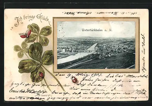 Passepartout-Lithographie Untertürkheim a. N., Teilansicht mit Neckar