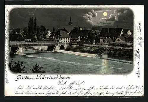 Lithographie Untertürkheim, Ortsansicht mit Brücke und Kirchturm