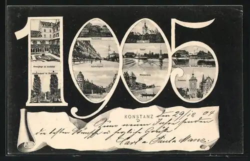 AK Konstanz, Rheintorturm, Schloss Castell, Schnetztor, Jahreszahl 1905