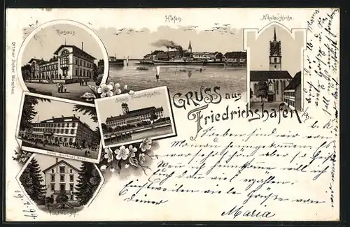Lithographie Friedrichshafen, Kurhaus, Hafen, Nikolauskirche, Schloss