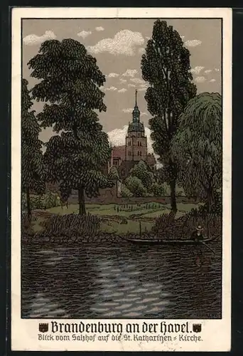 Steindruck-AK Brandenburg a.d. H., Blick vom Salzhof auf die St. Katharinen-Kirche