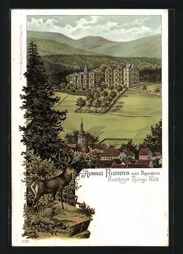 Lithographie Finsterbergen /Thüringer Wald, Kurhaus Felsenstein nebst Dependance und Hirsch