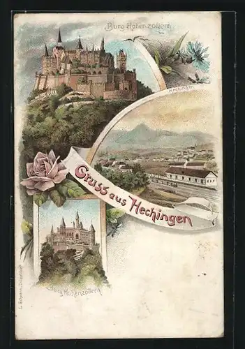 Lithographie Hechingen, Burg Hohenzolern, Ortsansicht mit Bahnhof