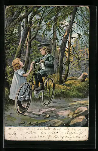 AK Bub auf Fahrrad hält dem Mädchen die Hand