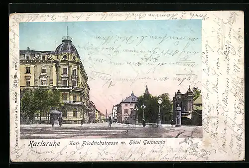 Goldfenster-AK Karlsruhe, Karl Friedrichstrasse mit Hotel Germania, mit leuchtenden Fenstern