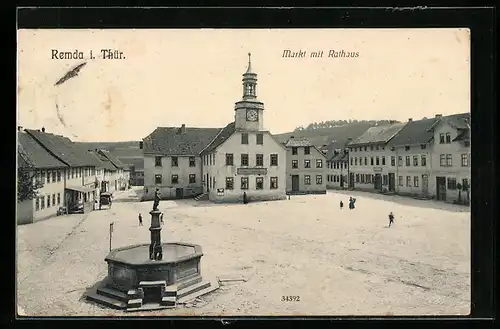 AK Remda, Markt mit Brunnen und Rathaus