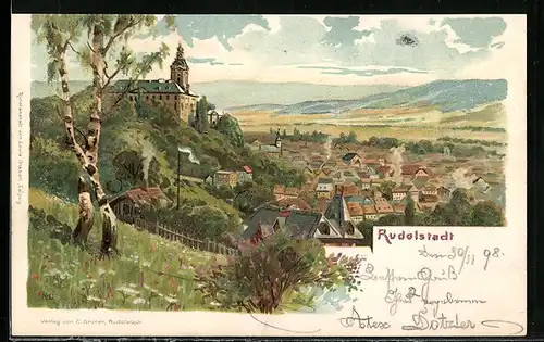 Lithographie Rudolstadt, Panorama mit Stadt und Schloss