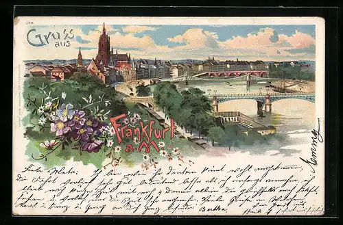 Lithographie Frankfurt /Main, Mainbrücken mit Ortsansicht