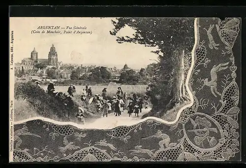 AK Argentan, Vue générale, Kinder auf einem Ausflug vor der Stadt, geklöppelte Spitze
