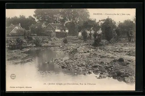 AK Mamers, Catastrophe du 7 Juin 1904, Jardins ravages par l`inondation, Rue de l`Abattoir
