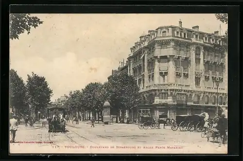 AK Toulouse, Boulevard de Strasbourg et Angle Palce Matabiau, Pferdebahn