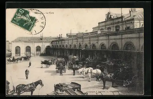 AK Le Mans, La Gare des Chemins de Fer, Bahnhof mit Pfedekutschen