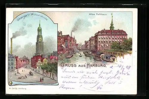 Lithographie Hamburg, Schaarmarkt Michaeliskirche, das alte Rathaus