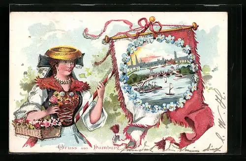 Lithographie Hamburg, Aussenalster-Panorama, Dame in Tracht mit Blumenkorb, Stadtfarben