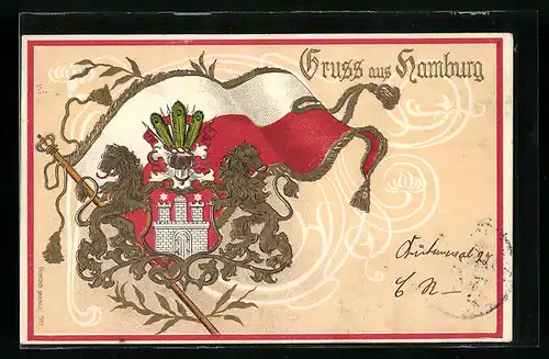 Präge-Lithographie Hamburg, Stadtwappen mit goldenem Löwen und Stadtfarben