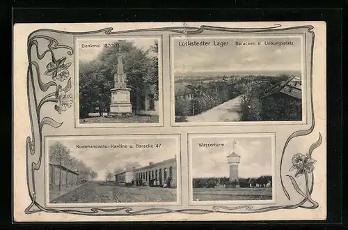 AK Lockstedt, Lager-Baracken und Übungsplatz, Denkmal 1870 /71, Wasserturm, Kommandantur-Kantine u. Baracke 47