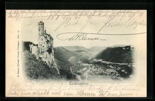 AK Lichtenstein, Totalansicht von einem Berg aus gesehen