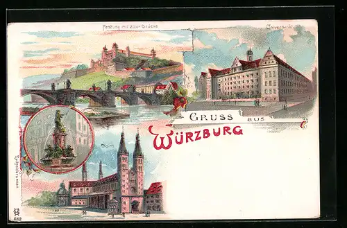 Lithographie Würzburg, Festung über der Mainbrücke, die Universität, der Dom