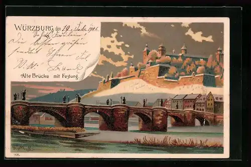 Lithographie Würzburg, die alte Mainbrücke unter der Festung im Schnee