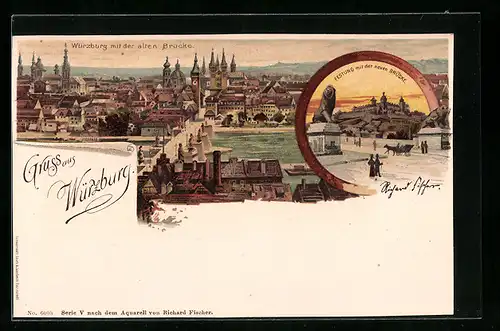 Lithographie Würzburg, Generalansicht mit der alten Mainbrücke, Festung mit der neuen Brücke