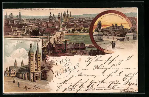 Lithographie Würzburg, Stadtpanorama mit der alten Mainbrücke, am Dom, Neue Brücke am Dom