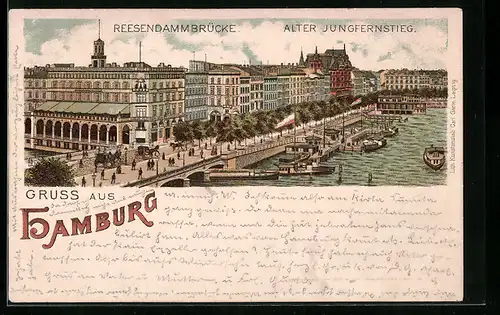 Lithographie Hamburg, Reesendammbrücke mit altem Jungfernstieg