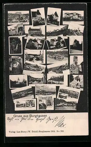 AK Burghausen, Generalansicht, an der Burgruine, Treppenaufgang, die kirchen der Stadt, Stadtplatz mit Rathaus