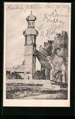 Künstler-AK Adelberg, Partie vor der Kirche