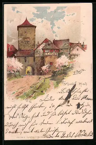 Künstler-AK Schwäbisch Hall, Tordurchgang zur Stadt