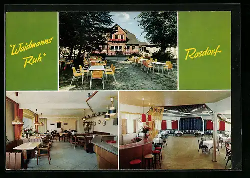 AK Rosdorf, Gasthaus Waidmanns Ruh, auf der Terrasse, im grossen Saal