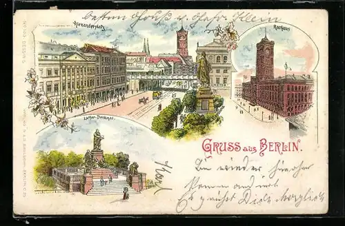 Lithographie Berlin, der Alexanderplatz, das Rathaus, das Luther Denkmal