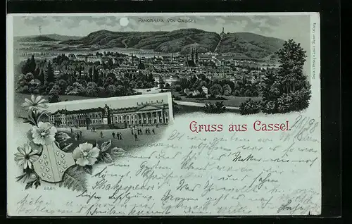 Mondschein-Lithographie Cassel, Friedrichsplatz, Panorama, Wappen