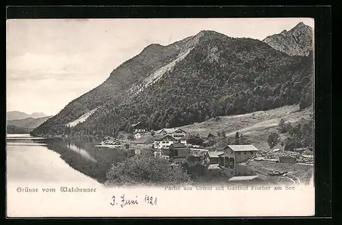 AK Urfeld, Teilansicht mit Gasthof Fischer am See