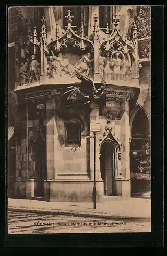 AK München, Neues Rathaus mit Lindwurmecke