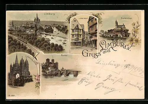 Lithographie Limburg, Dom, Korn-Markt, Runkel, Ortsansicht mit Bahnschienen