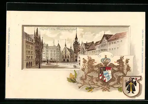 Passepartout-Lithographie München, Marienplatz, geprägtes Wappen, Münchener Kindl