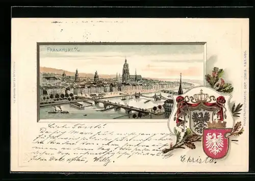 Passepartout-Lithographie Frankfurt / Main, Blick zum Ort, Wappen, Dampfer