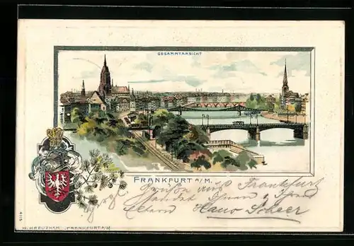 Passepartout-Lithographie Frankfurt a. M., Gesamtansicht mit Brücken, Wappen