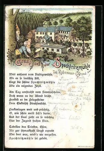 Lithographie Rabenau, Gasthof Spechtritzmühle im Rabenauer Grund