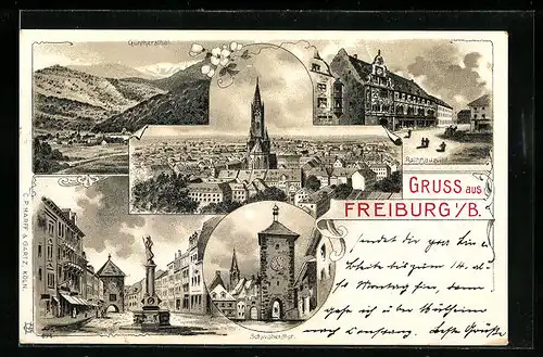 Lithographie Freiburg, Schwabenthor, Rathaus, Blick auf Günthersthal