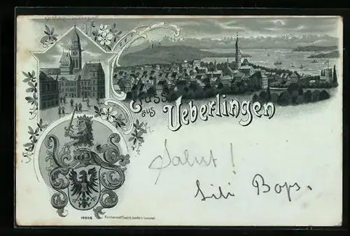 Mondschein-Lithographie Ueberlingen, Rathaus und Löwenzunft, Wappen, Totalansicht
